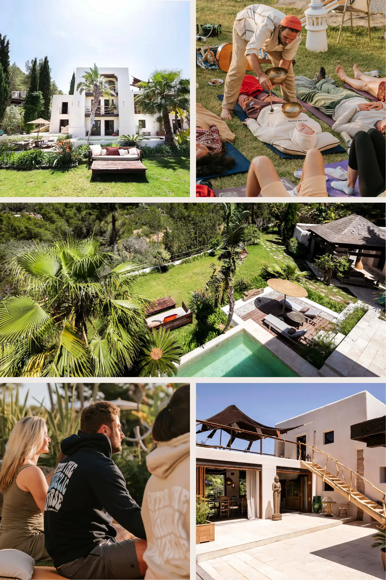 Fotocollage mit weißen Gebäuden, Garten, Pool und Bildern einer MODERNmind Gruppe im Freien.